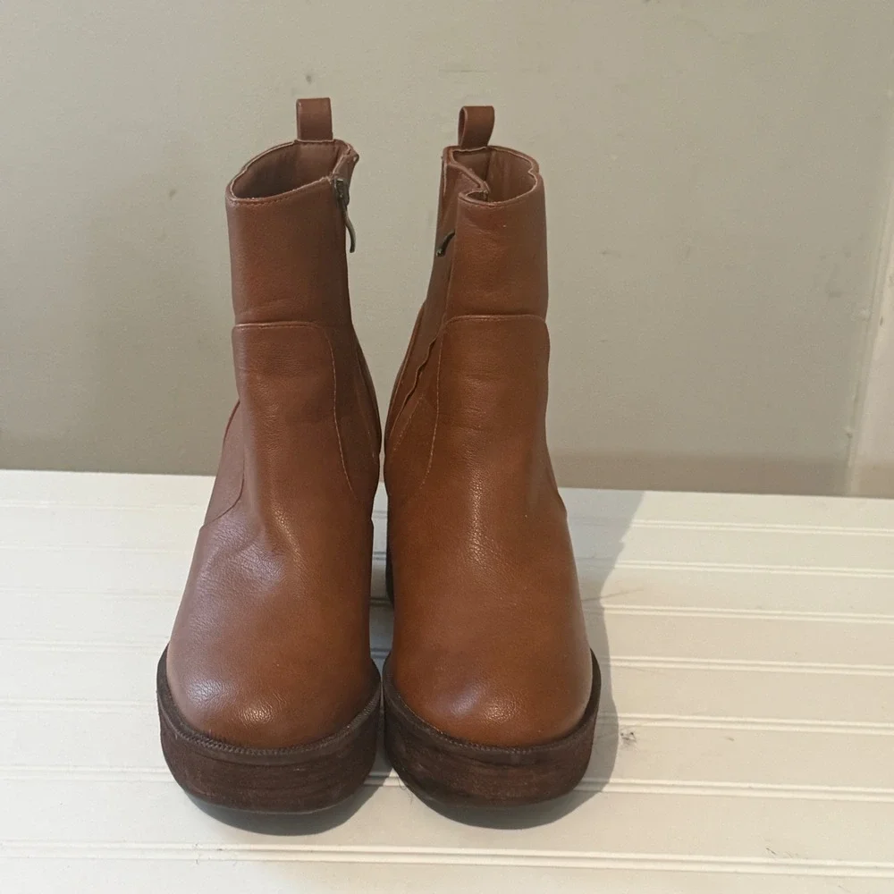 House of Harlow 1960 Ankle Boots Platform Block Heel 7.5 Brown Exc Cognac Wood